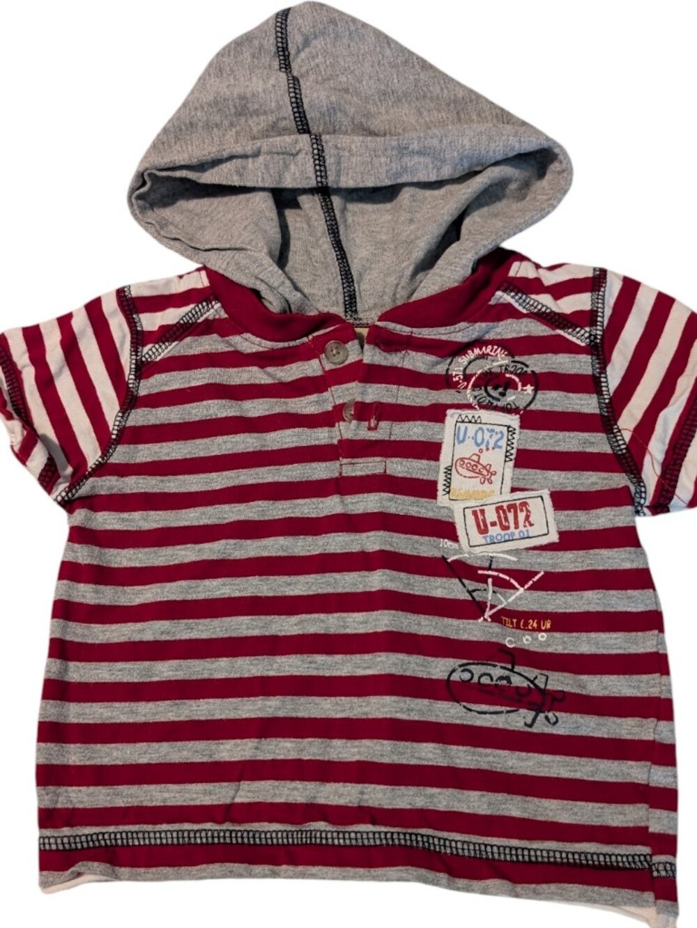 Vintage Y2K Infant Faded Glory Submarine Theme Red Gray Striped Hooded Top